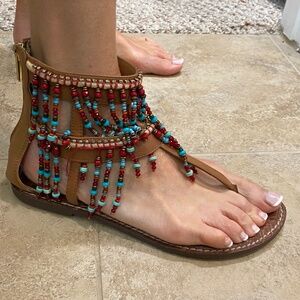 Sam Edelman Gabriel Leather Beaded Fringe Gladiator Sandal